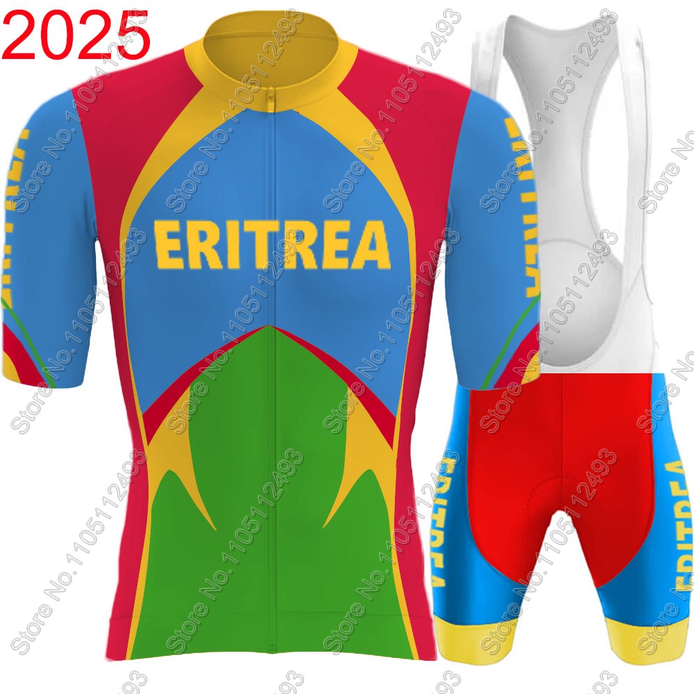 Cycling Gear Brands - ชุดเสื้อเจอร์ซีย์ปั่นจักรยานทีมชาติเอริเทรีย ปี 2025 แขนสั้น สีแดงน้ำเงิน ชุดเสื้อผ้าสำหรับปั่นจักรยานเสือหมอบ